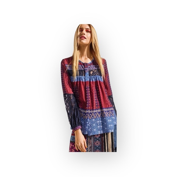 Desigual 𑁍 Mona Fucsias Boho Lace Sleeve Printed Button Down Shirt 𑁍 Blue Pink - Picture 1 of 15